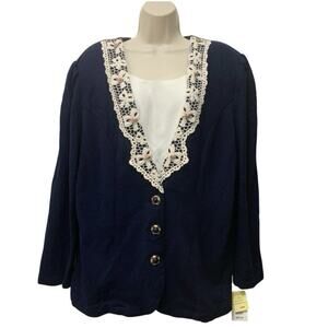 Vtg 1980s Early 90s Victorian Style Navy Lace Collar Cardigan Sweater 24W NWT
